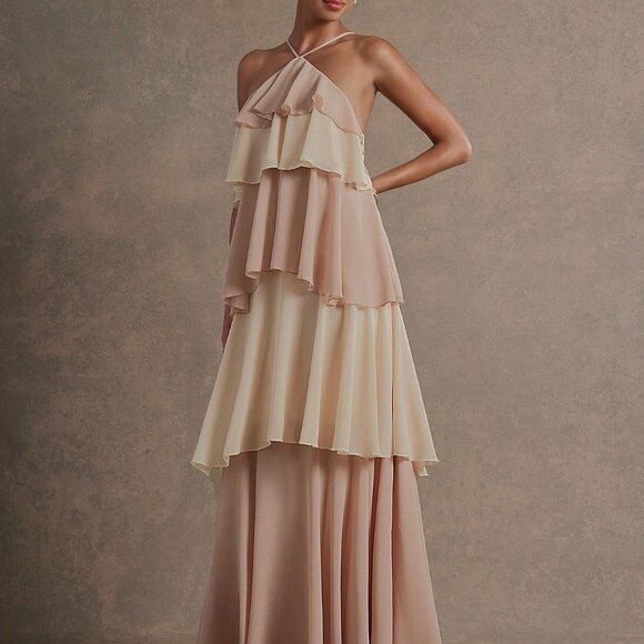 Multicolor Party Women's Colorblock Ruffle Hem Elegant Maxi Halter Dress - Picture 3 of 5